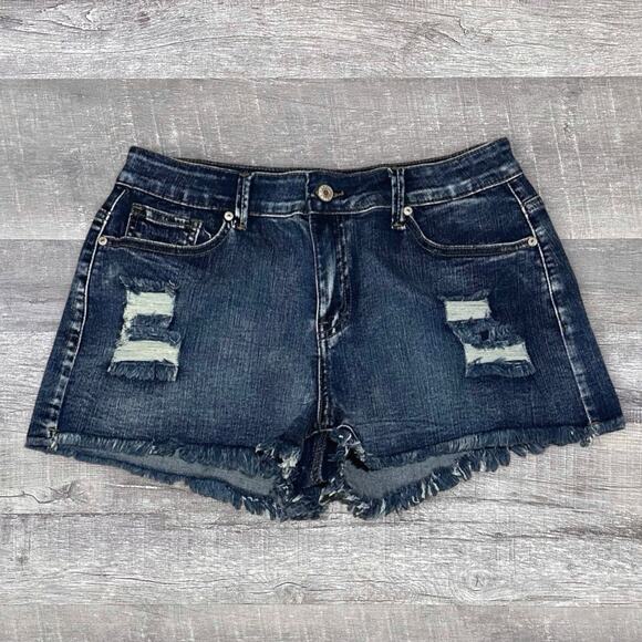 Boutique Ripped Distressed 2.5” Denim Shorts Womens L (W 30) Mid Rise Frayed Hem - Picture 1 of 5